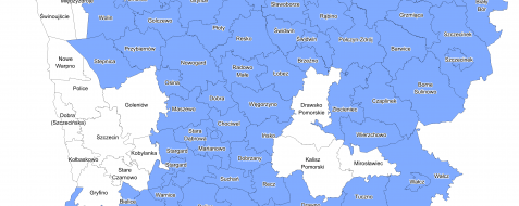 mapa województwa zachodniopomorskiego z zaznaczonymi gminami dla których wartość wskaźnika G w latach 2022, 2023, 2024 jest niższa od uśrednionej wartości wsk. G na dany rok dla województwa zachodniopomorskiego